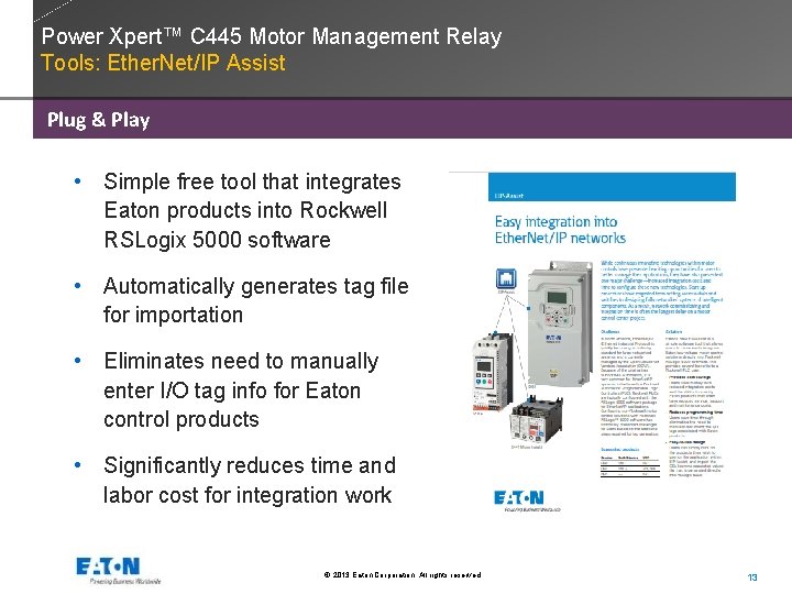 Power Xpert™ C 445 Motor Management Relay Tools: Ether. Net/IP Assist Plug & Play