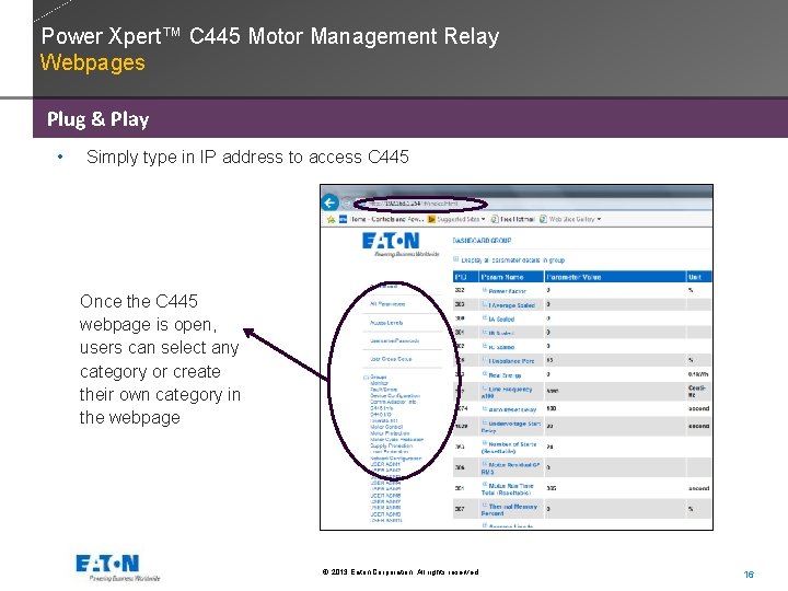 Power Xpert™ C 445 Motor Management Relay Webpages Plug & Play • Simply type