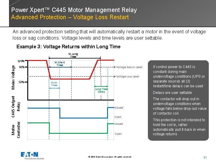 Power Xpert™ C 445 Motor Management Relay Advanced Protection – Voltage Loss Restart An