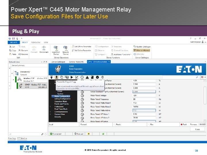 Power Xpert™ C 445 Motor Management Relay Save Configuration Files for Later Use Plug