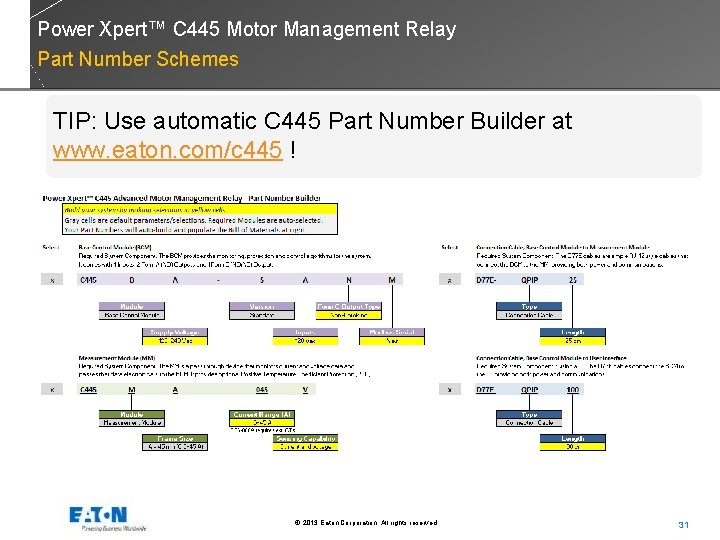 Power Xpert™ C 445 Motor Management Relay Part Number Schemes TIP: Use automatic C