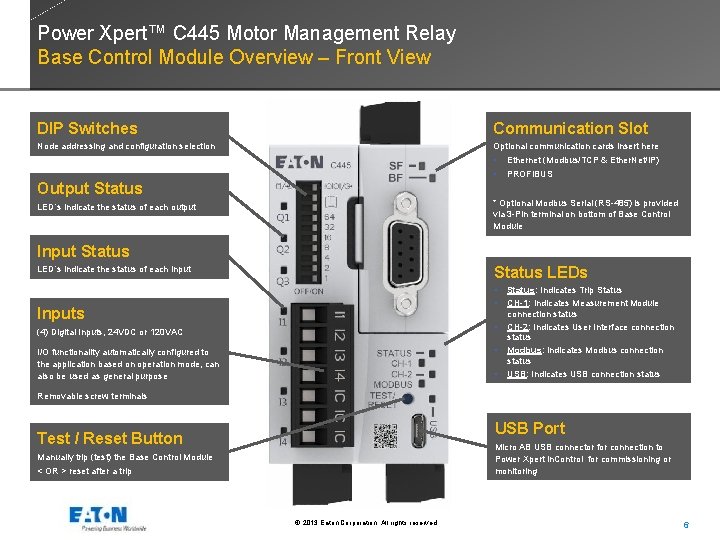 Power Xpert™ C 445 Motor Management Relay Base Control Module Overview – Front View