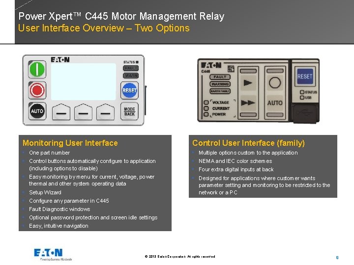 Power Xpert™ C 445 Motor Management Relay User Interface Overview – Two Options Monitoring