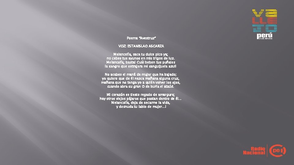 Poema “Avestruz” VOZ: ESTANISLAO ASCARZA Melancolía, saca tu dulce pico ya; no cebes tus Poema “Avestruz” VOZ: ESTANISLAO ASCARZA Melancolía, saca tu dulce pico ya; no cebes tus