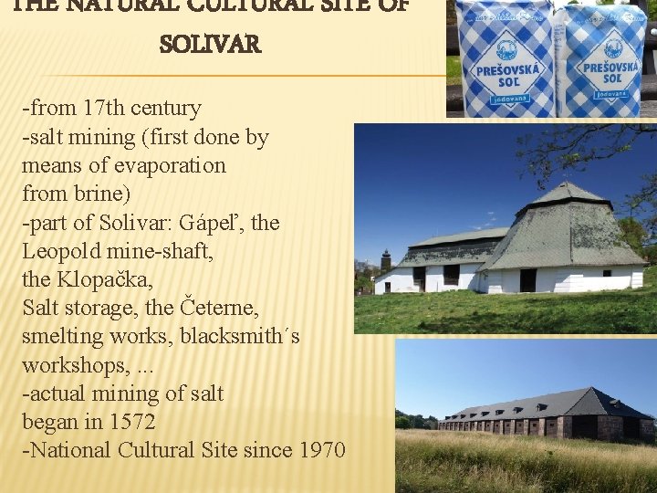 THE NATURAL CULTURAL SITE OF SOLIVAR -from 17 th century -salt mining (first done
