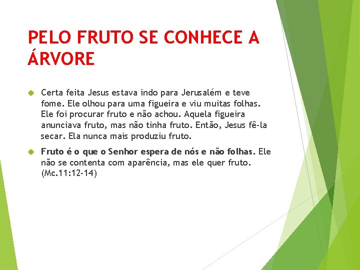 PELO FRUTO SE CONHECE A ÁRVORE Certa feita Jesus estava indo para Jerusalém e