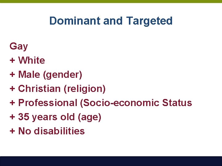 Dominant and Targeted Gay + White + Male (gender) + Christian (religion) + Professional