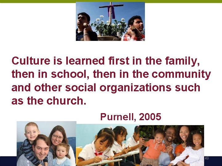 Culture is learned first in the family, then in school, then in the community