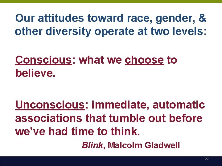 Our attitudes toward race, gender, & other diversity operate at two levels: Conscious: what