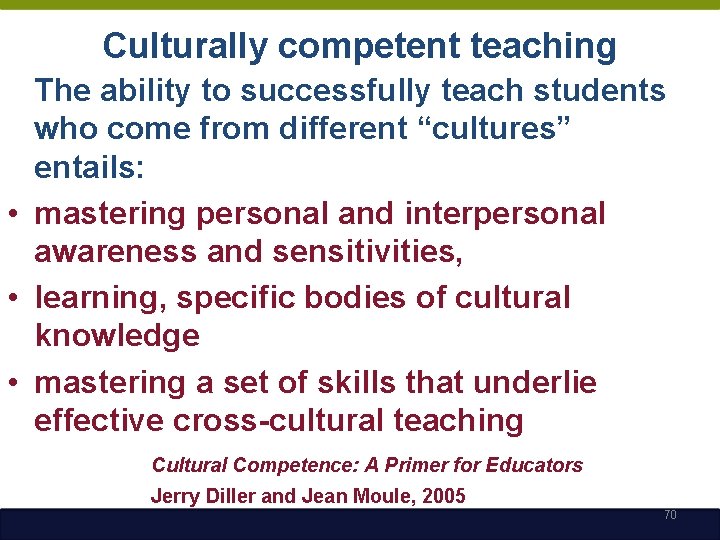Culturally competent teaching The ability to successfully teach students who come from different “cultures”