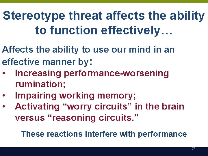 Stereotype threat affects the ability to function effectively… Affects the ability to use our