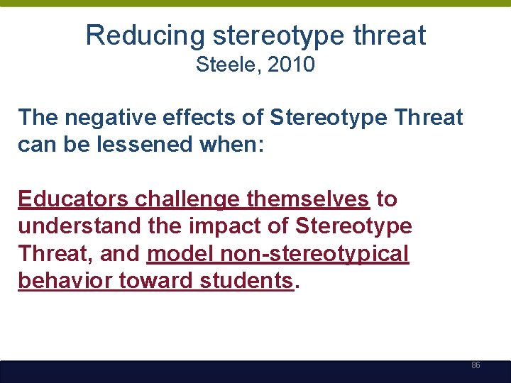 Reducing stereotype threat Steele, 2010 The negative effects of Stereotype Threat can be lessened