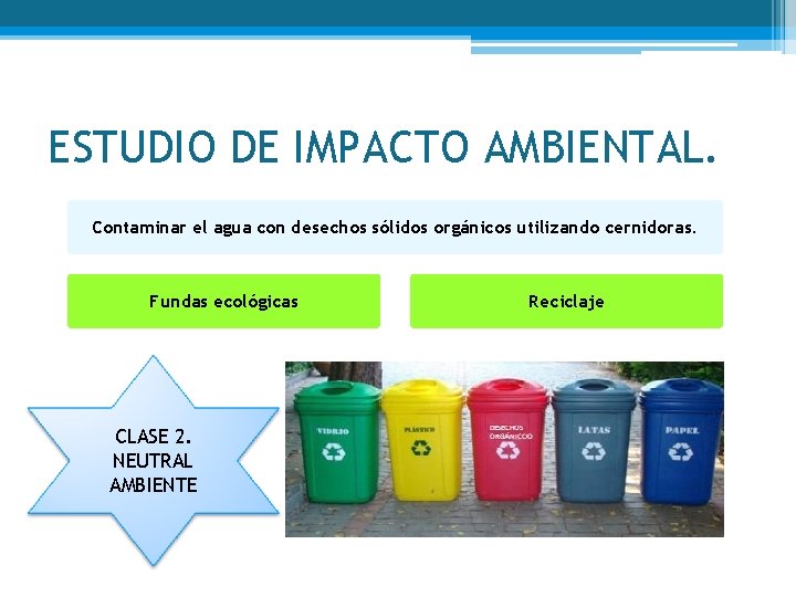ESTUDIO DE IMPACTO AMBIENTAL. Contaminar el agua con desechos sólidos orgánicos utilizando cernidoras. Fundas