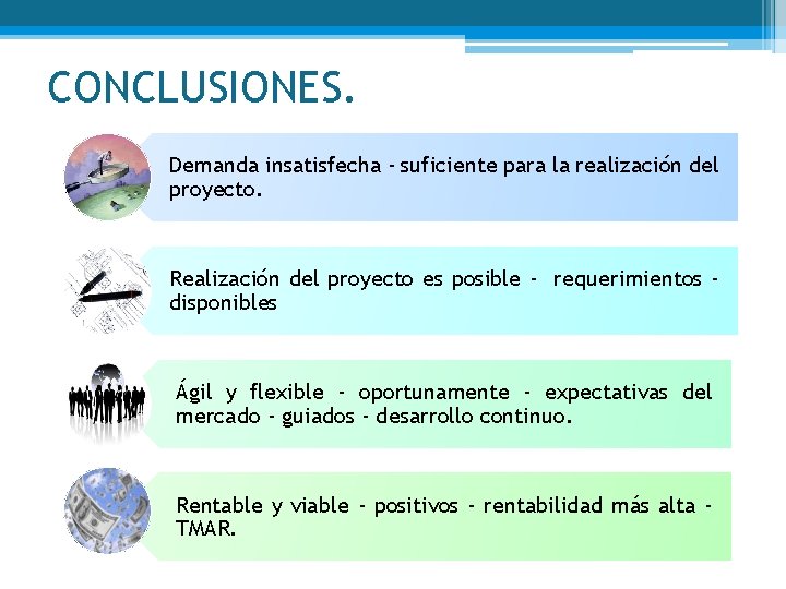 CONCLUSIONES. Demanda insatisfecha - suficiente para la realización del proyecto. Realización del proyecto es