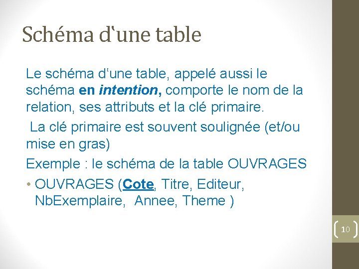 Schéma d‛une table Le schéma d‛une table, appelé aussi le schéma en intention, comporte