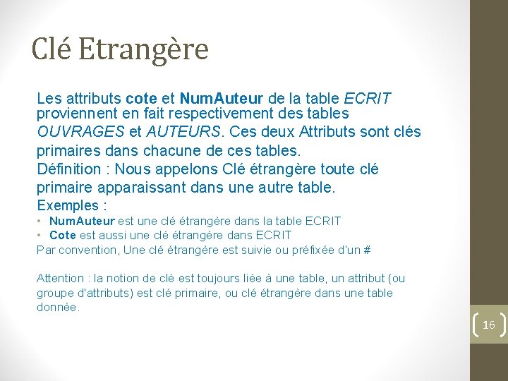 Clé Etrangère Les attributs cote et Num. Auteur de la table ECRIT proviennent en