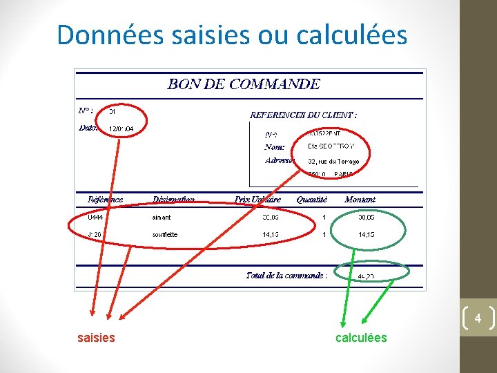 Données saisies ou calculées 4 saisies calculées 