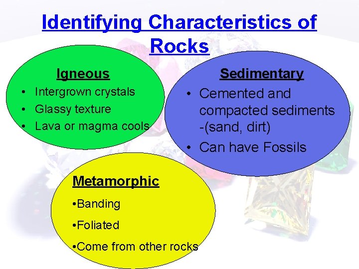 Identifying Characteristics of Rocks Igneous • Intergrown crystals • Glassy texture • Lava or