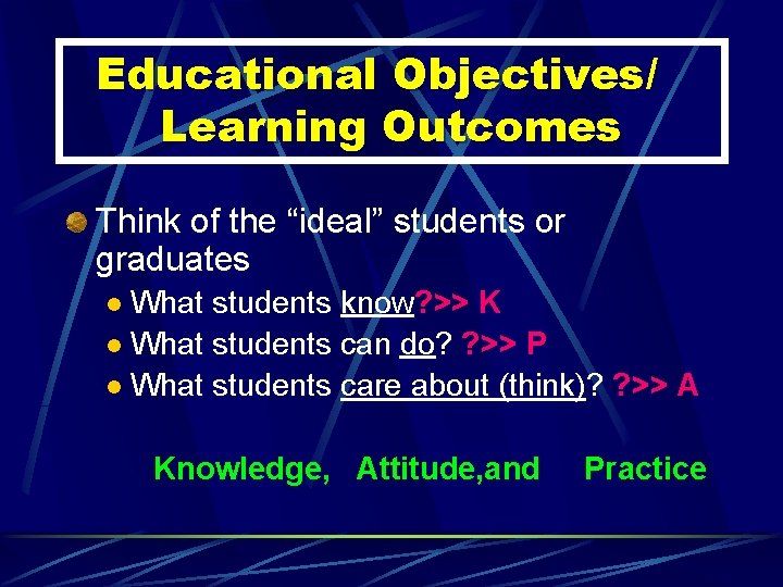 Educational Objectives/ Learning Outcomes Think of the “ideal” students or graduates What students know?