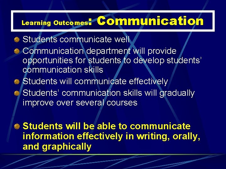 : Communication Learning Outcomes Students communicate well Communication department will provide opportunities for students