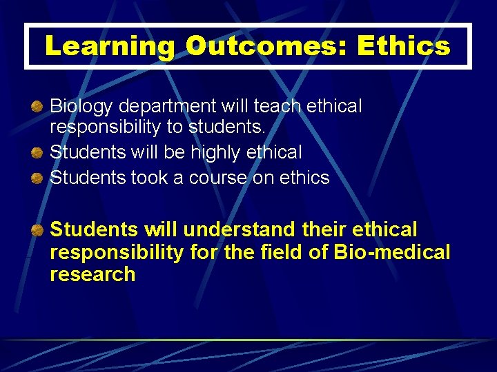 Learning Outcomes: Ethics Biology department will teach ethical responsibility to students. Students will be