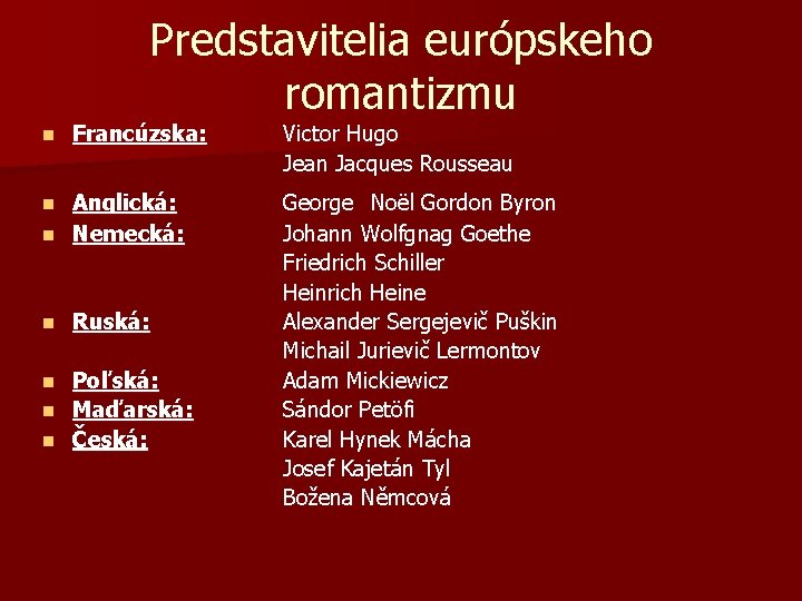 Predstavitelia európskeho romantizmu n Francúzska: Anglická: n Nemecká: n n Ruská: Poľská: n Maďarská:
