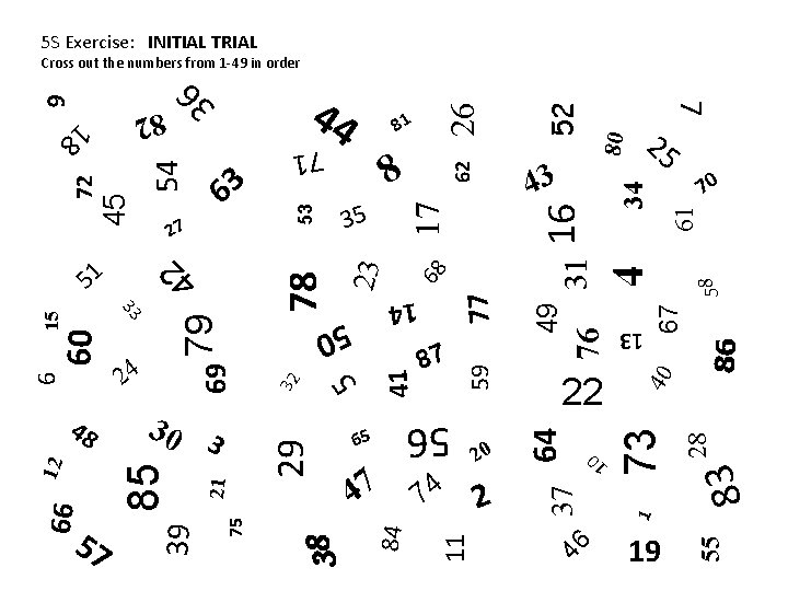 5 S Exercise: INITIAL TRIAL 58 28 86 67 40 73 19 55 1