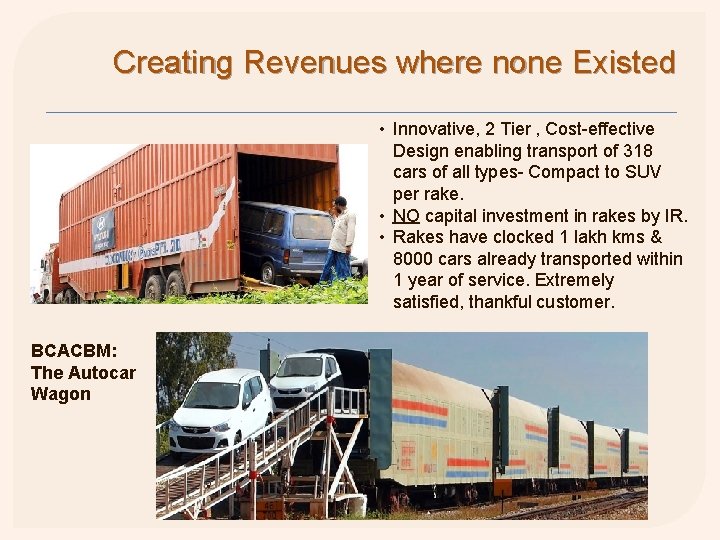 Creating Revenues where none Existed • Innovative, 2 Tier , Cost-effective Design enabling transport