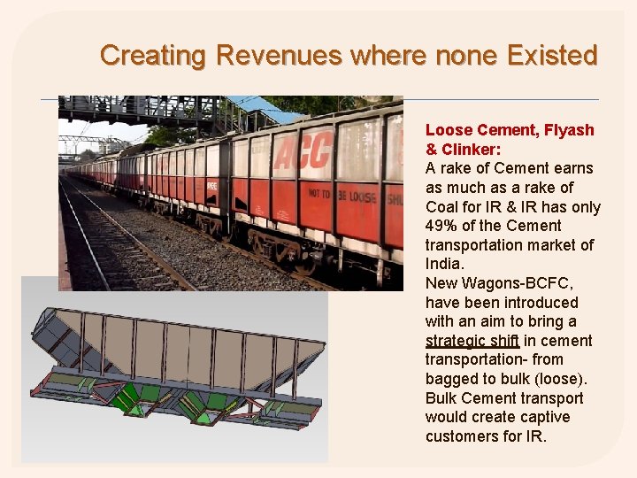 Creating Revenues where none Existed Loose Cement, Flyash & Clinker: A rake of Cement