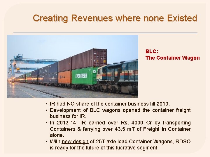 Creating Revenues where none Existed BLC: The Container Wagon • IR had NO share