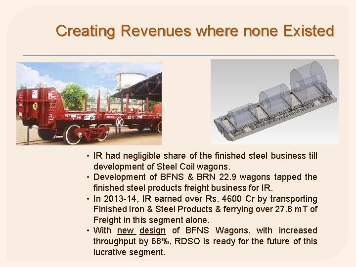 Creating Revenues where none Existed • IR had negligible share of the finished steel