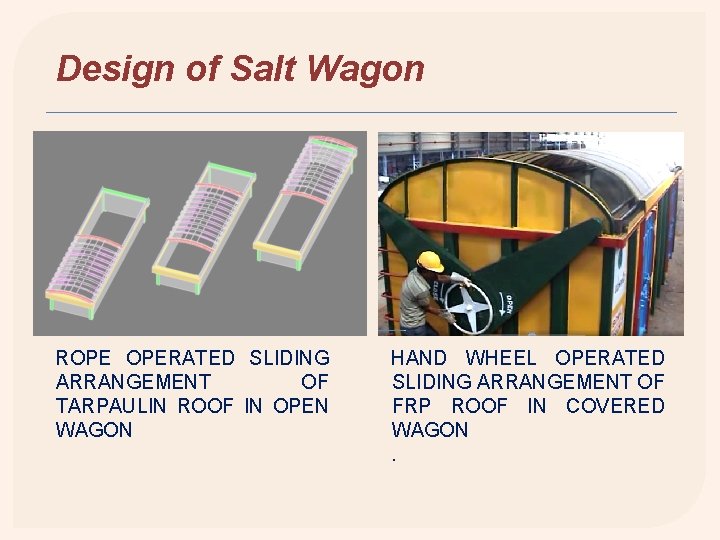 Design of Salt Wagon ROPE OPERATED SLIDING ARRANGEMENT OF TARPAULIN ROOF IN OPEN WAGON