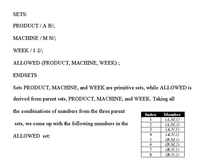 SETS: PRODUCT / A B/; MACHINE / M N/; WEEK / 1 2/; ALLOWED