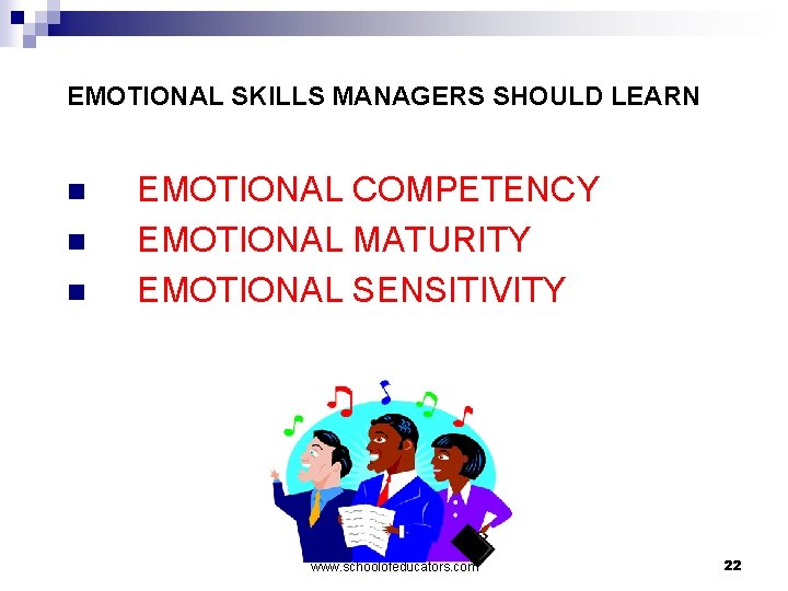 EMOTIONAL SKILLS MANAGERS SHOULD LEARN n n n EMOTIONAL COMPETENCY EMOTIONAL MATURITY EMOTIONAL SENSITIVITY
