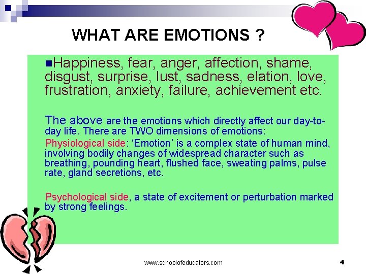 WHAT ARE EMOTIONS ? n. Happiness, fear, anger, affection, shame, disgust, surprise, lust, sadness,