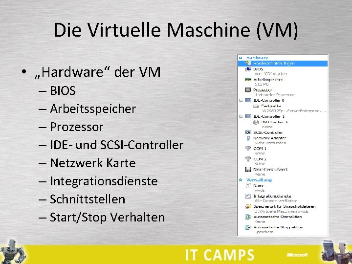 Die Virtuelle Maschine (VM) • „Hardware“ der VM – BIOS – Arbeitsspeicher – Prozessor