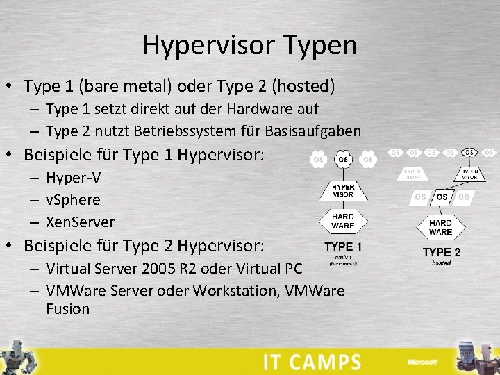 Hypervisor Typen • Type 1 (bare metal) oder Type 2 (hosted) – Type 1