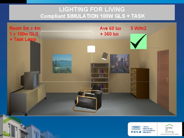 LIGHTING FOR LIVING Compliant SIMULATION 100 W GLS + TASK Room 5 m x