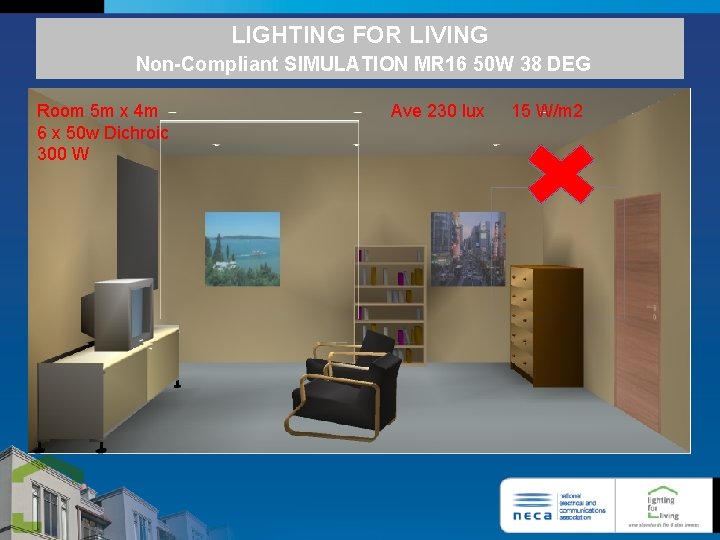 LIGHTING FOR LIVING Non-Compliant SIMULATION MR 16 50 W 38 DEG Room 5 m