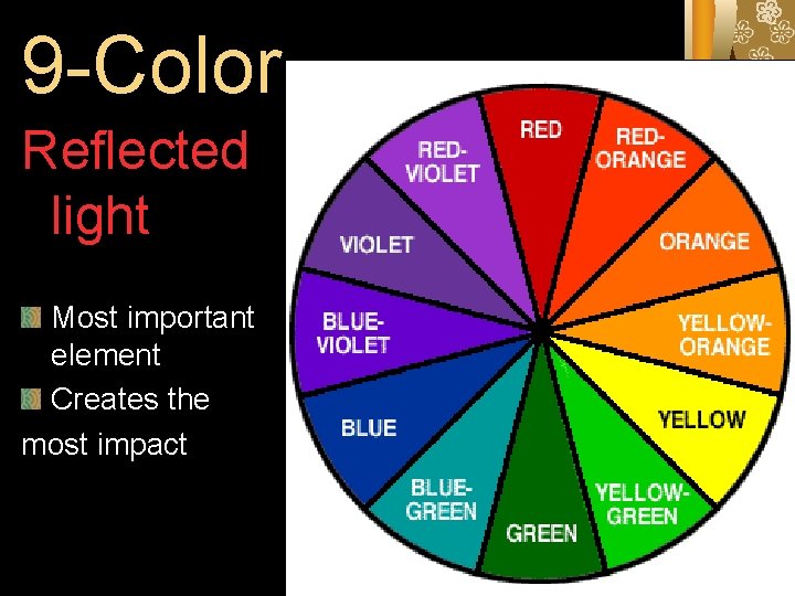 9 -Color Reflected light Most important element Creates the most impact 9 -Color Reflected light Most important element Creates the most impact