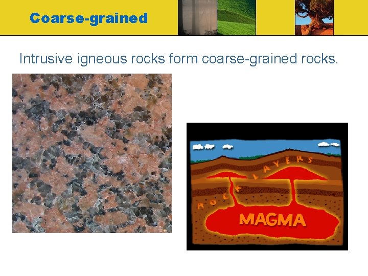 Coarse-grained Intrusive igneous rocks form coarse-grained rocks. 