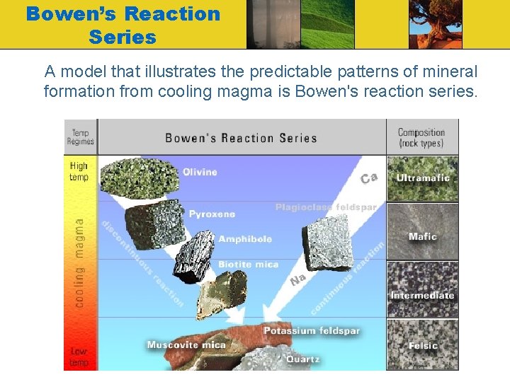 Bowen’s Reaction Series A model that illustrates the predictable patterns of mineral formation from