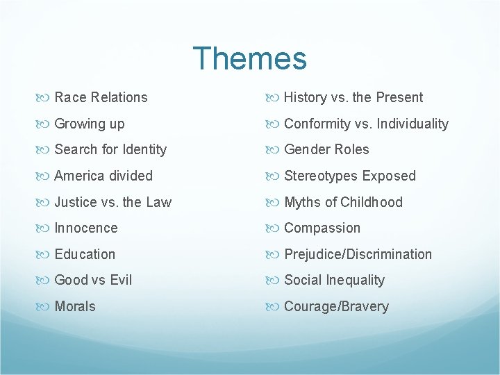 Themes Race Relations History vs. the Present Growing up Conformity vs. Individuality Search for