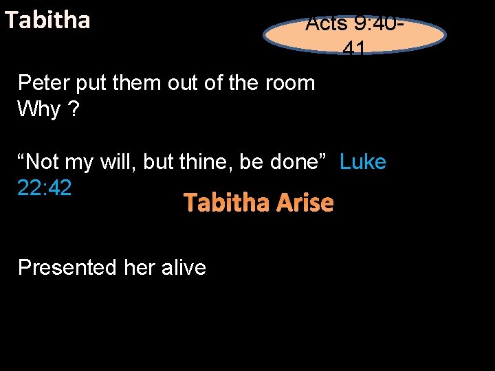 Tabitha Acts 9: 4041 Peter put them out of the room Why ? “Not