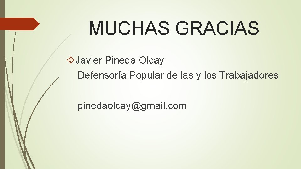 MUCHAS GRACIAS Javier Pineda Olcay Defensoría Popular de las y los Trabajadores pinedaolcay@gmail. com