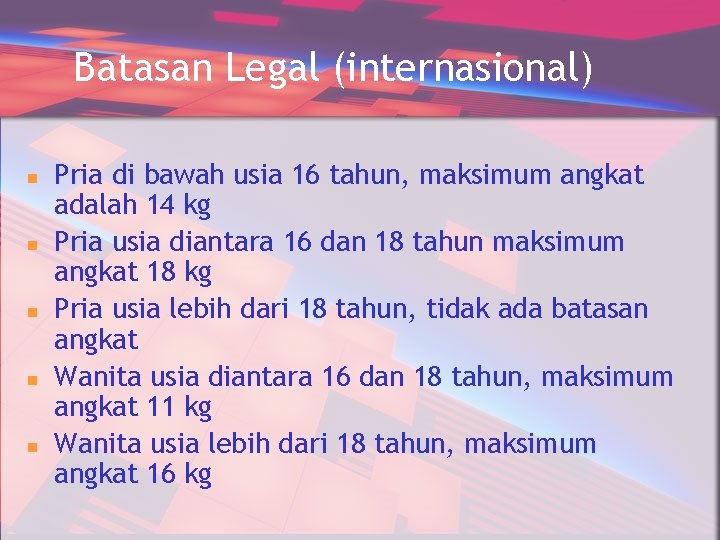 Batasan Legal (internasional) n n n Pria di bawah usia 16 tahun, maksimum angkat