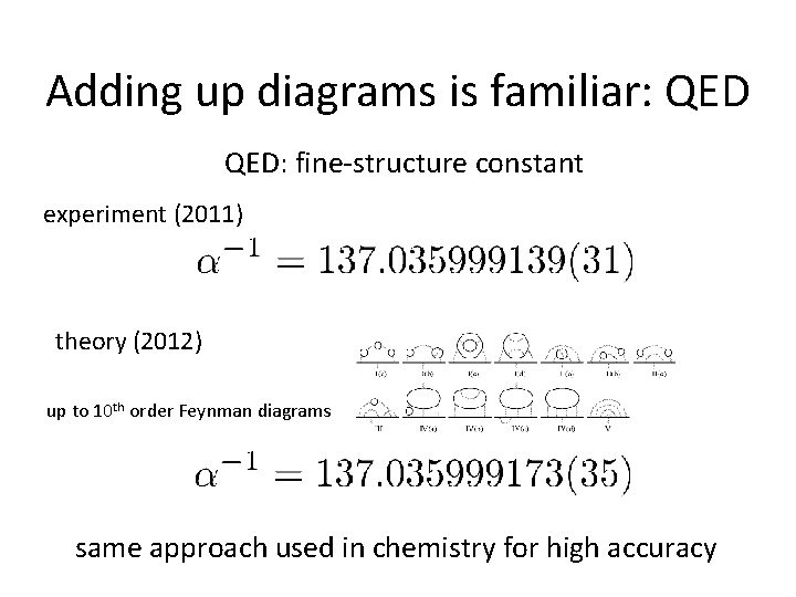 Adding up diagrams is familiar: QED: fine-structure constant experiment (2011) theory (2012) up to
