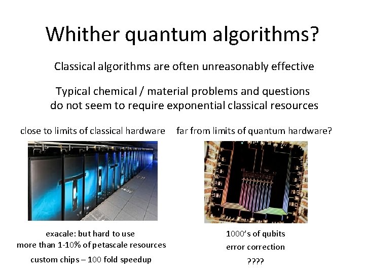 Whither quantum algorithms? Classical algorithms are often unreasonably effective Typical chemical / material problems