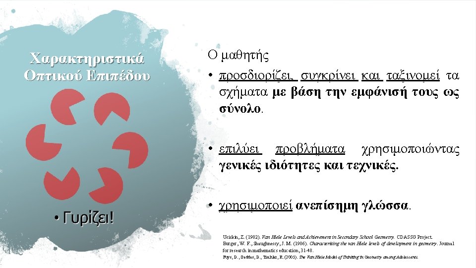 Χαρακτηριστικά Οπτικού Επιπέδου Ο μαθητής • προσδιορίζει, συγκρίνει και ταξινομεί τα σχήματα με βάση