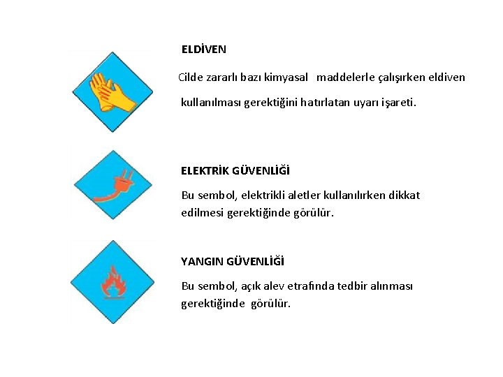 ELDİVEN Cilde zararlı bazı kimyasal maddelerle çalışırken eldiven kullanılması gerektiğini hatırlatan uyarı işareti. ELEKTRİK